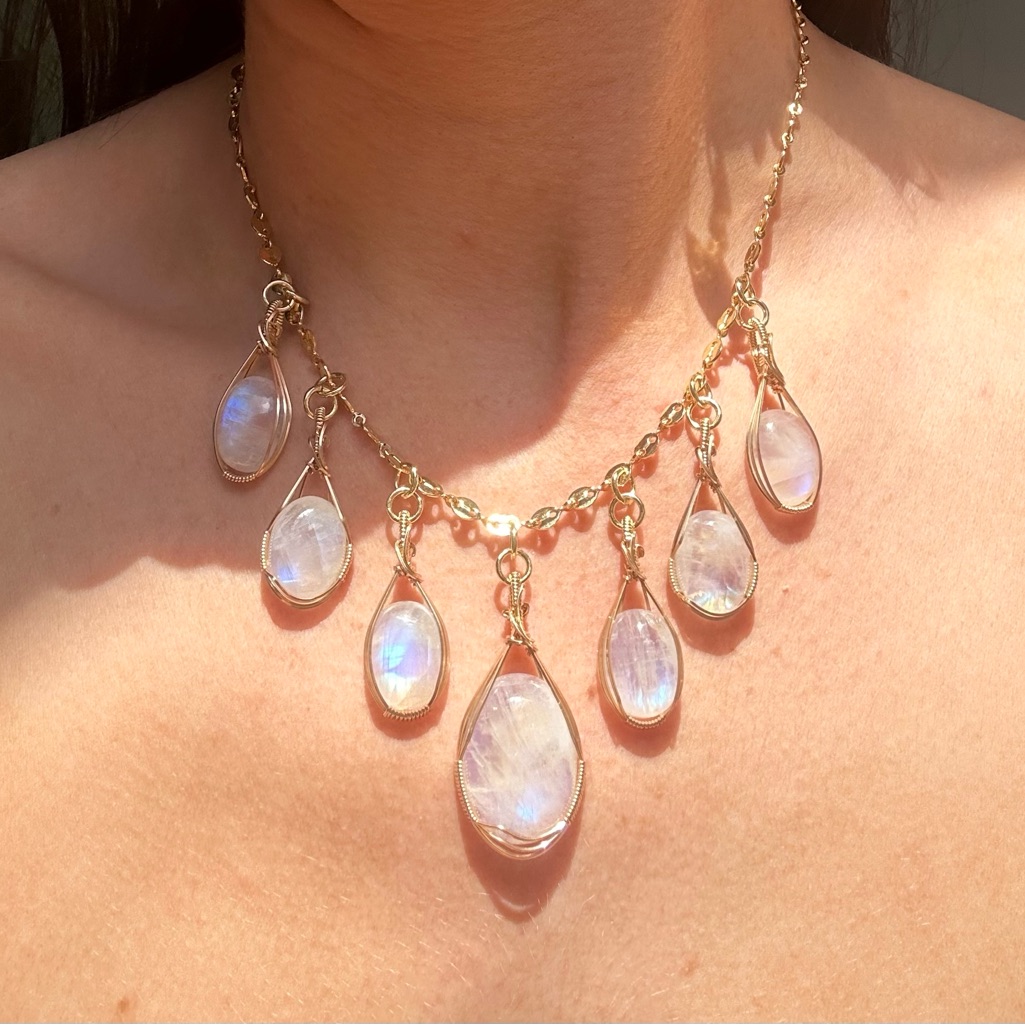 14k Gold Filled Rainbow Moonstone Gypsy Boho Necklace